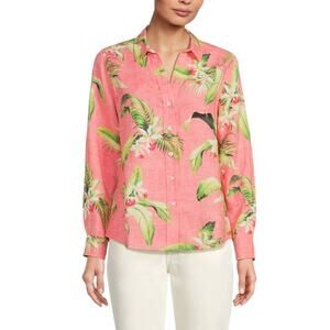 NWT Tommy Bahama La Brisa Blooms Linen Blouse Top Shirt Pink Hawaiian Melon